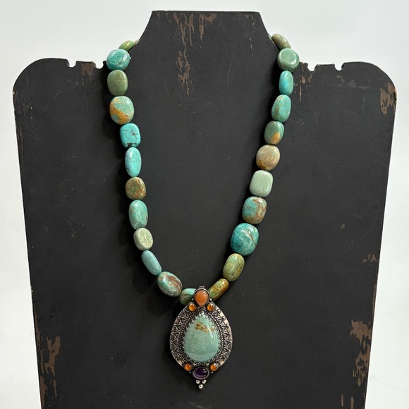 RELIOS by CAROLYN POLLACK Turquoise Bead Necklace Large Sterling Silver Pendant